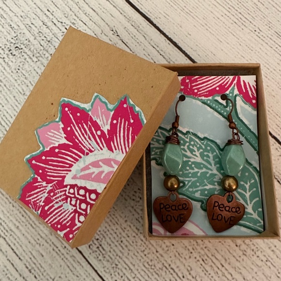Turquoise boho  peace  & love heart brass charm drop earrings handmade - Picture 2 of 6